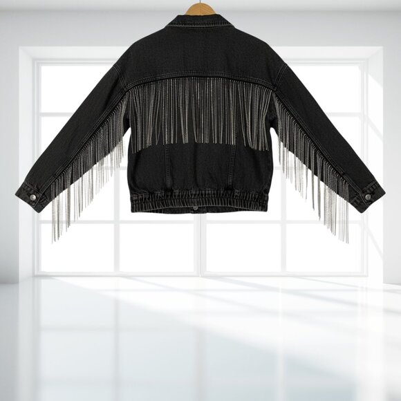 Le Lis Tassel Denim Jacket M | Black Wash Rhinestone Chain Fringe Cotton Western - Picture 3 of 16